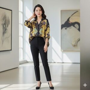 💙 Silversilk Women’s Navy and Gold Silk Top – XL